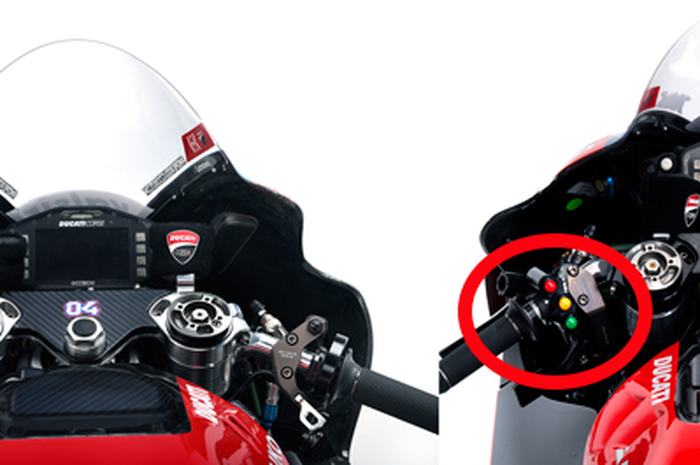 Tombol setang kiri motor Desmosedici GP 2019 (kiri) yang terdiri 5 tombol dengan Desmosedici GP 2020 (kanan) yang hanya ada 3 tombol di setang kiri