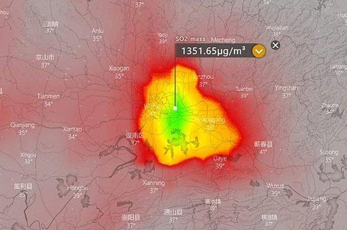 Foto satelit menunjukan tingkat Sulfur Dioksida (SO2) yang sangat tinggi di kota asal virus Corona, yaitu Wuhan, Provinsi Hubei, China pada Minggu (9/2/2020).