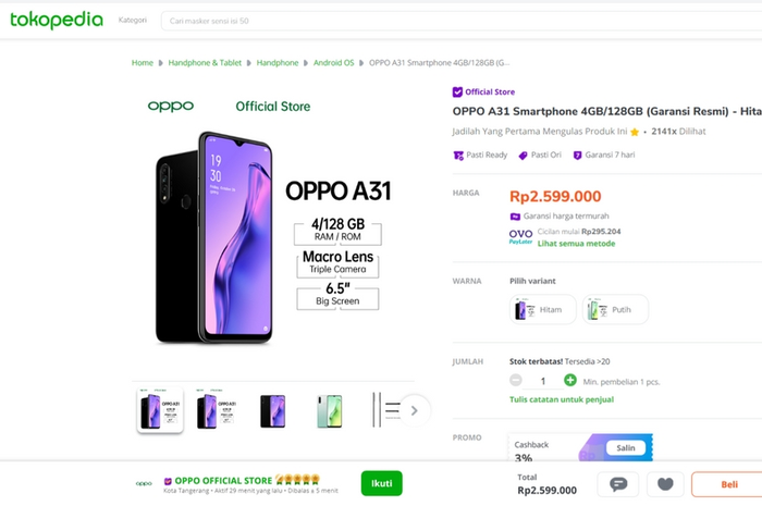 Oppo A31 di OPPO Official Store Tokopedia