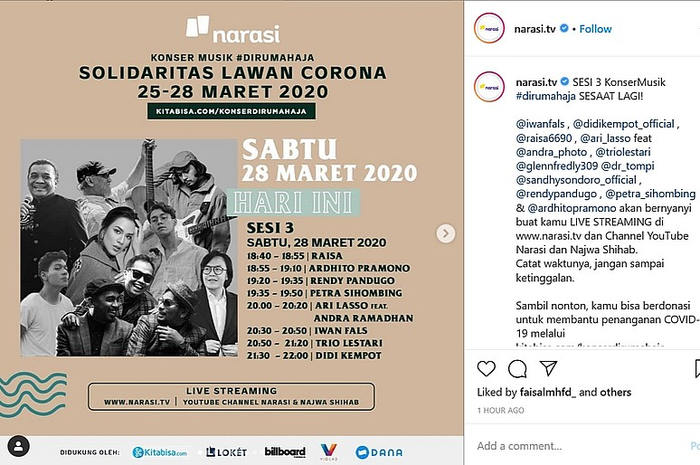 Konser musik #dirumahaja bisa dilihat secara live lewat Instagram dan YouTube Live Narasi TV
