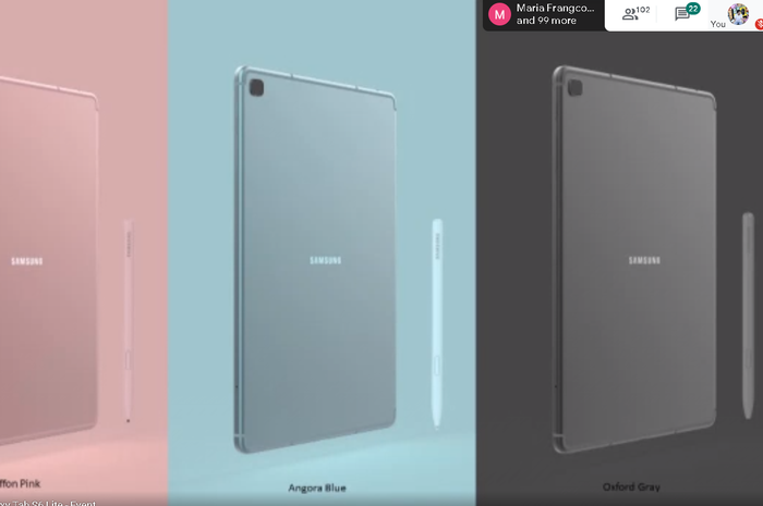Varian warna Samsung Galaxy Tab S6 Lite yaitu Chiffon Pink, Anggora Blue, dan Oxford Gray.