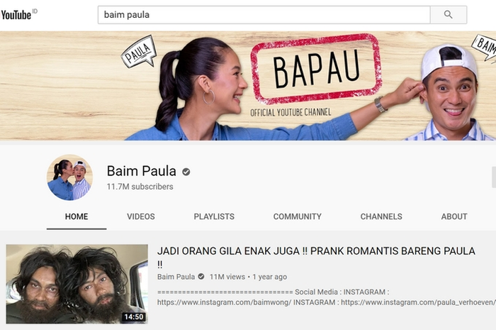 Channel Youtube Baim Wong dan Paula