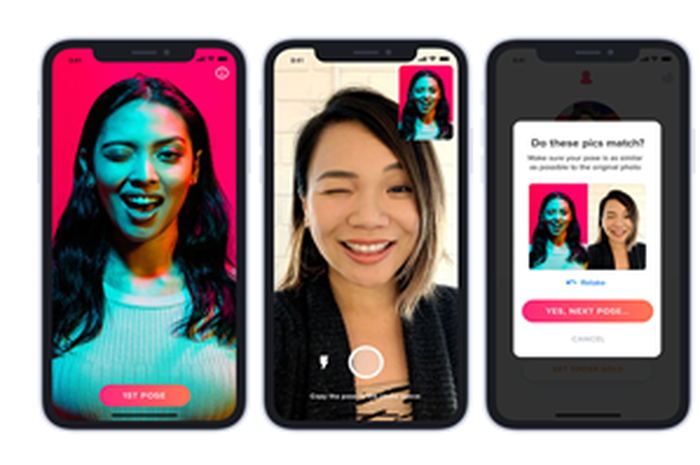 Ilustrasi cara verifikasi foto di aplikasi Tinder.