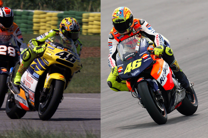 Valentino Rossi di GP 500 2-Tak musim 2001 (kiri) dan di era baru MotoGP 4-Tak 2002 (kanan). Gara-gara Valentino Rossi siklus nomor start 1 terhenti