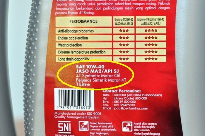 Kode kekentalan oli dari SAE, API Service, dan JASO.