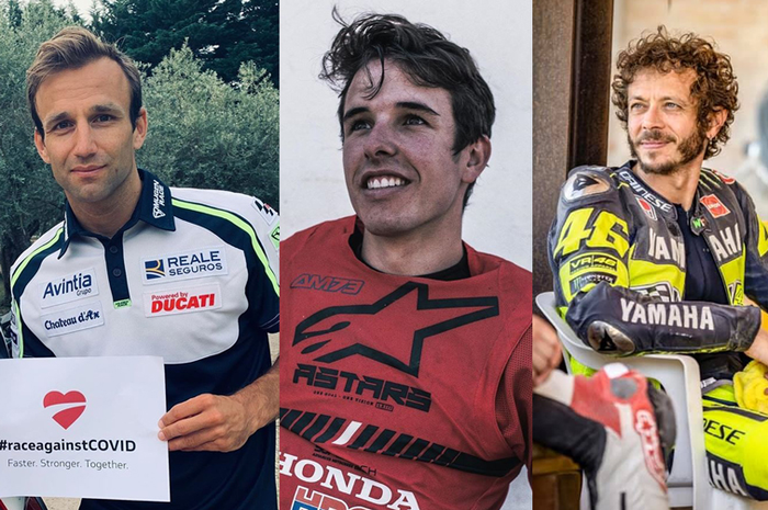Pembalap MotoGP yang senang dengan rilisnya jadwal baru MotoGP 2020, yaitu Johann Zarco (kiri), Alex Marquez (tengah) dan Valentino Rossi (kanan)