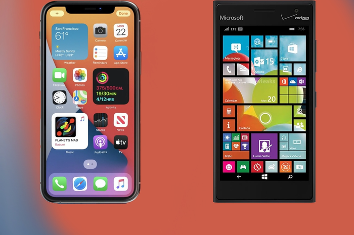 (Ki-Ka) Tampilan layar padasistem operasi iOS 14 dan Windows Phone