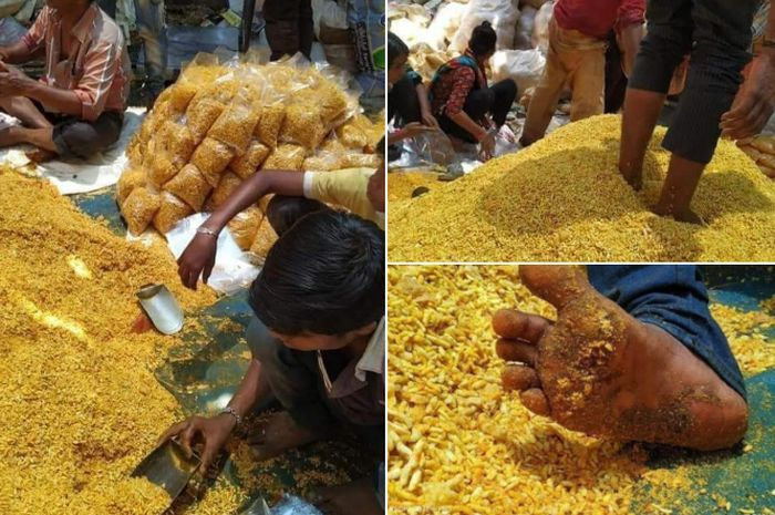 Menjijikkan! Pengemasan snack curah ini, diletakan di lantai dan terinjak kaki para pekerjanya. Anda masih mau makan itu?