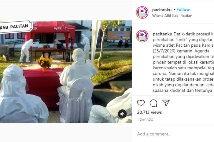 Dilaporkan pelaksanaan ijab qobul diselenggarakan dengan mengenakan APD lengkap karena mempelai pria positif Covid-19.