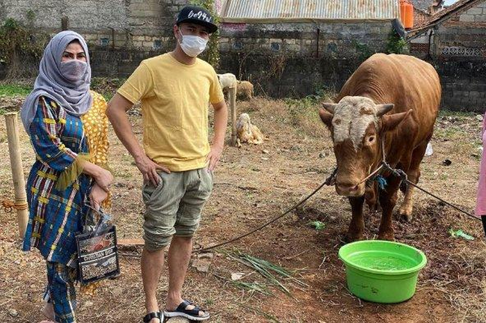 Raffi Ahmad bersama Nagita Slavina dan Amy Qanita serta sapi kurban mereka.  