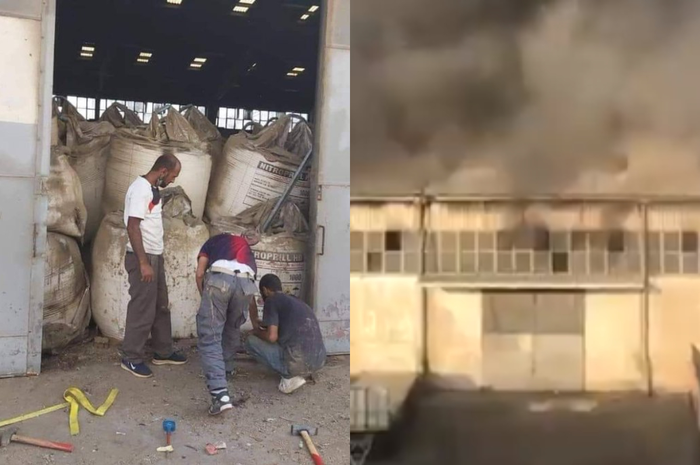 Sebuah foto menunjukkan para pekerja sedang mengelas pintu gudang yang disesaki oleh karung-karung penuh amonium nitrat.