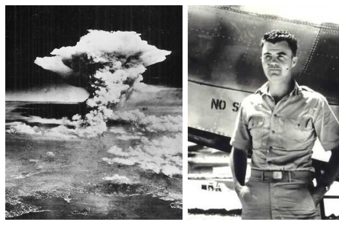 (kiri) Pengeboman Hiroshima, (kanan) Paul Warfield Tibbets Jr, Pilot Pesawat Pengebom Hiroshima.
