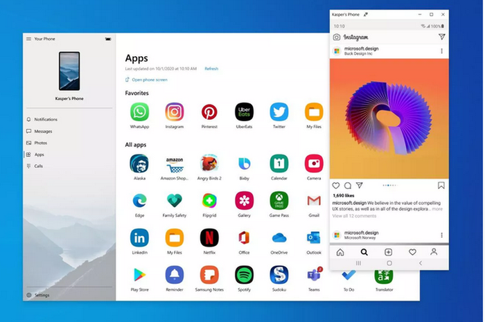 Tampilan aplikasi Your Phone menjalankan aplikasi Android di laptop Windows 10