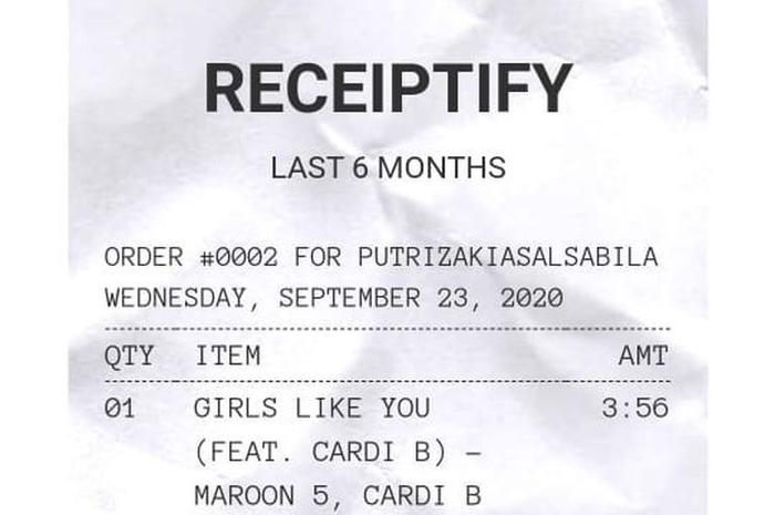 Tampilan daftar lagu Receiptify