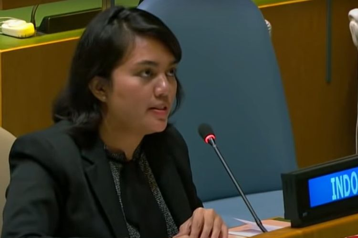 Diplomat perwakilan Indonesia, Silvany Austin Pasaribu saat memberikan hak jawab untuk tuduhan Vanuatu tentang pelanggaran HAM di Papua.
