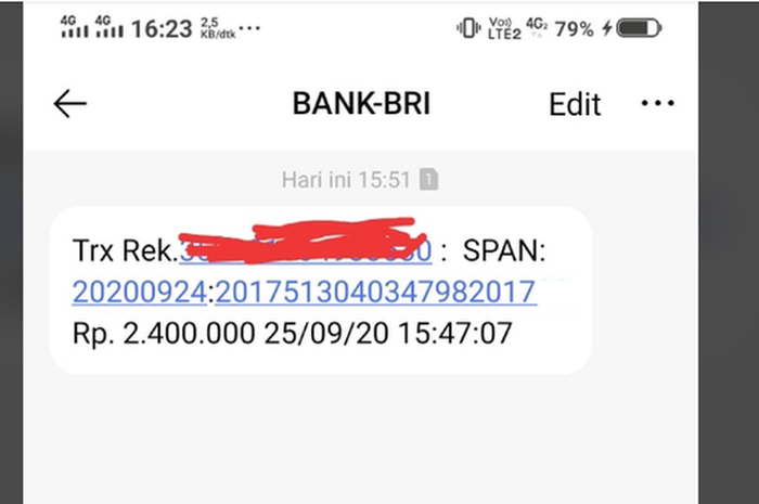 SMS dari Bank BRI bantuan Rp 2,4 juta masuk