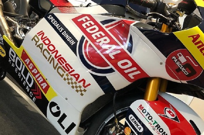 Logo MP1 Indonesian Racing terpampang di motor balap Gresini Racing, tim Federal Oil Gresini Moto2
