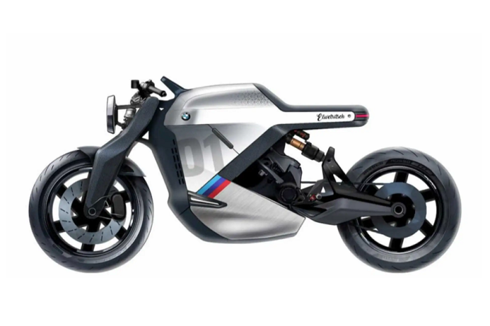 Konsep motor listrik BMW bergaya cafe racer futuristis.