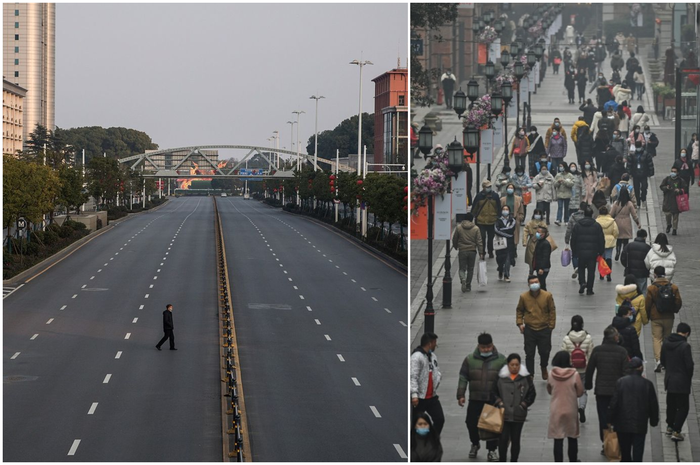 Kondisi kota Wuhan saat lockdown dan sekarang.