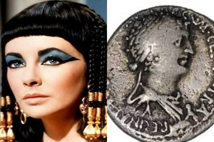 Wajah Cleopatra dalam film dan  pada koin.