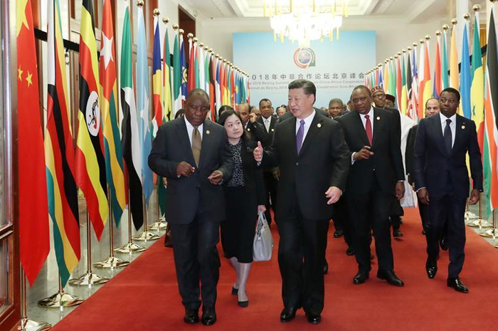 Presiden Tiongkok Xi Jinping dan para pemimpin asing menghadiri upacara pembukaan KTT Beijing Forum Kerja Sama Tiongkok-Afrika (FOCAC) di Aula Besar Rakyat di Beijing, ibu kota Tiongkok, 3 September 2018. 