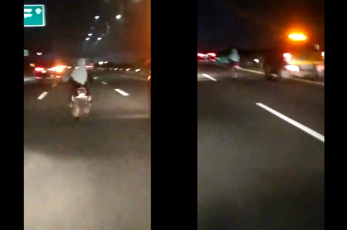 Emak-emak naik motor masuk tol gak pakai helm.