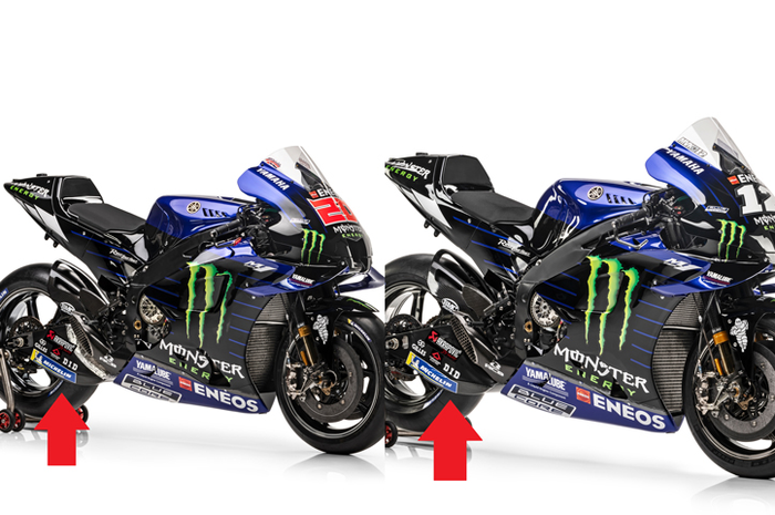 Terungkap, ada perbedaan motor MotoGP Yamaha Maverick Vinales dengan Fabio Quartararo (tanda panah merah) di swing arm (lengan ayun)