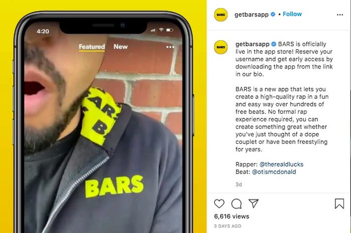 Akun Instagram aplikasi BARS milik Facebook