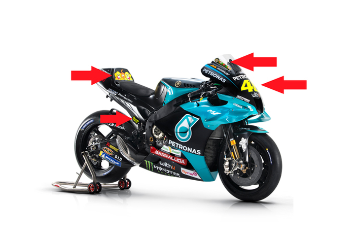 4 ciri khas di motor MotoGP Yamaha YZR-M1 Valentino Rossi di MotoGP 2021 (tanda panah). Punya arti dan makna tersendiri