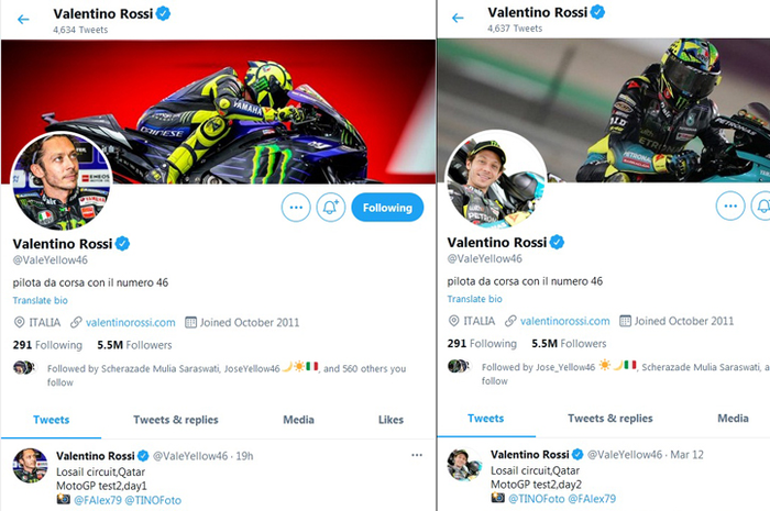 Ditegur MOTOR Plus-online, Valentino Rossi ganti foto profil media sosial Twitter. Penampilan profil lama (kiri) dan profil yang baru (kanan)