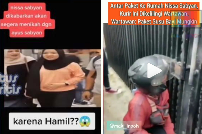 Nissa Sabyan pegang perut (kiri) dan kurir yang sedang antar paket ke rumah Nissa Sabyan (kanan)