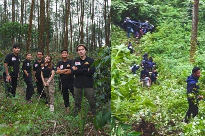 Jordi Onsu dan Tim yang menjalani syuting di Malang dan kondisi mobil Toyota Avanza yang mengalami kecelakaan masuk jurang di Ngadas, Poncokusumo Kabupaten Malang, Kamis (8/4/2021) 
