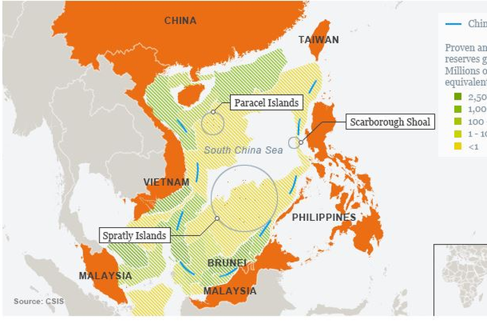 Inilah cadangan migas di Laut China Selatan. dengan satuan juta barel, warna kuning menunjukkan cadangan kurang dari 1 juta barel sedangkan semakin hijau cadangannya semakin besar