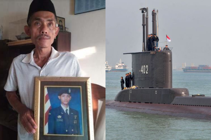 Matroji Sudiharjo (54) memegang foto anaknya, Kelasi Satu (Mesin) Muhammad Faqihudin Munir, awak kapal selam KRI Nanggala 402.