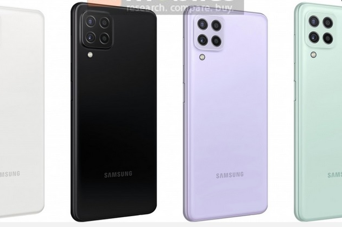 Bocoran desain Samsung Galaxy A22 5G dengan 4 opsi warna hitam, putih, ungu, dan mint.