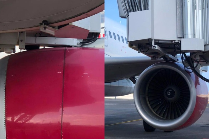 Foto kondisi pesawat Batik Air yang menabrak garbarata di Bandara Internasional I Gusti Ngurah Rai, Bali, Sabtu (22/5/2021). 