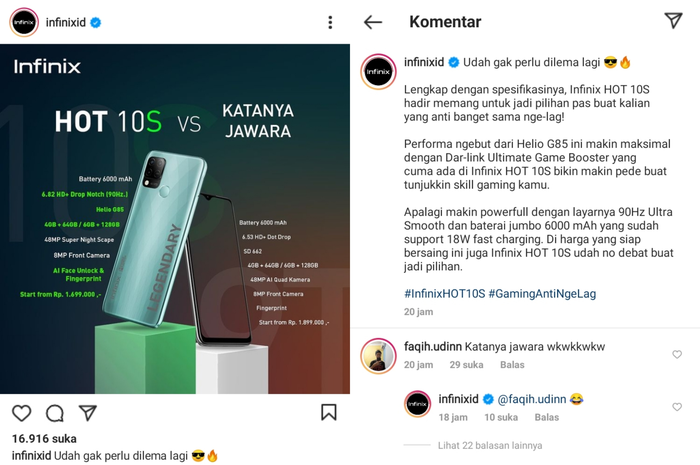 Postingan Infinix di Instagram yang membandingkan Hot 10S dengan Redmi 9T jadi perdebatan.