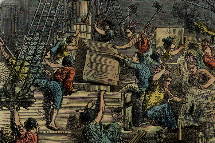 Boston Tea Party. Protes yang dipicu oleh pemungutan pajak tinggi oleh Kerajaan Inggris di negara koloni termasuk Amerika.
