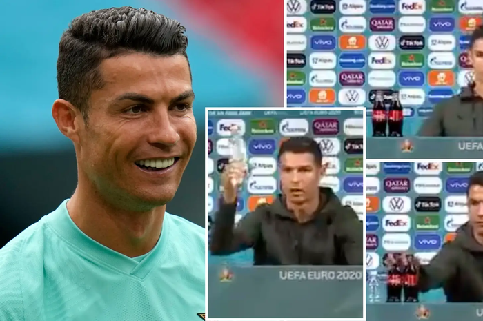 Cristiano Ronaldo terlihat kesal saat melihat dua botol Coca Cola di depannya saat konferensi pers pra pertandingan timnas Portugal di Piala Eropa 2020, Senin (14/6/2021).