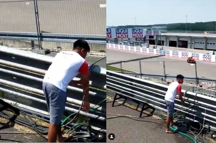 Viral di media sosial video pembalap Indonesia Mario Suryo Aji ambil air wudhu di sirkuit MotoGP Jerman 2021.