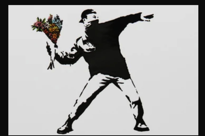 Salah satu karya Banksy, Flower Thrower yang patennya telah dicabut.