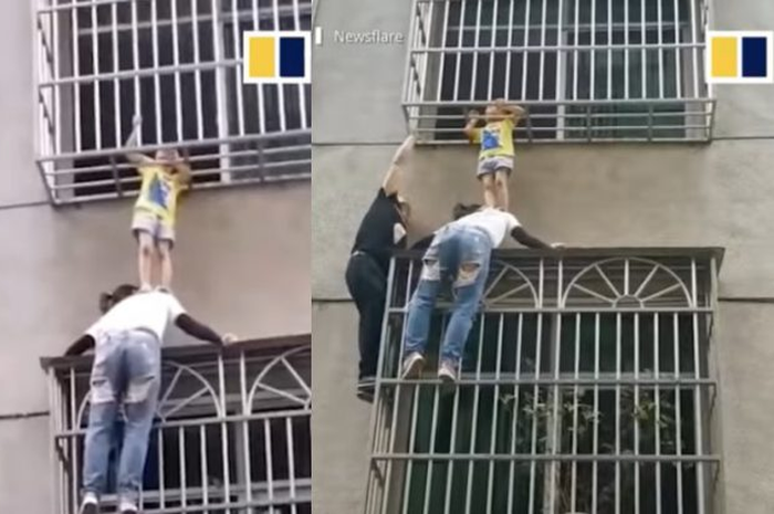 Aksi berani seorang wanita menyelamatkan anak kecil yang terperagkap di pagar lantai dua