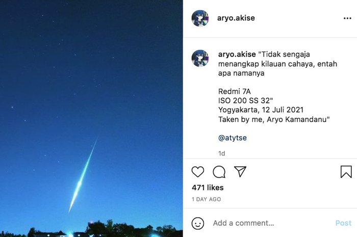 Foto penampakan meteor yang diambil oleh Arya Kamandanu di langit Yogyakarta.