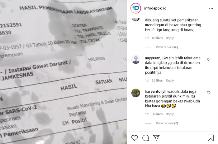 Tangkapan layar foto viral hasil tes COVID-19 positif jadi kertas gorengan.