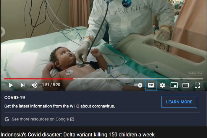 Tangkapan layar kanal YouTube Channel 4 News memberitakan 150 anak kecil di Indonesia tewas akibat Covid-19 setiap minggunya, dikhawatirkan menjadi dimulainya bencana yang lebih besar