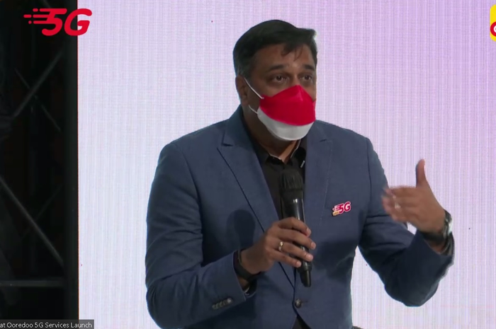 Director & Chief Operating Officer Indosat Ooredoo, Vikram Sinha dalam acara launching layanan 5G Indosat Ooredoo di wilayah Jakarta, Kamis (26/8).