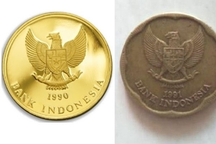 Sebelah kiri uang logam dari emas dan kanan dari aluminium kuning 