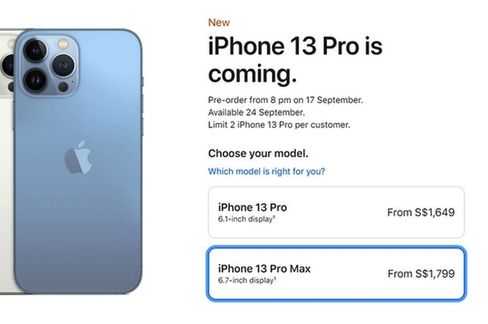 Harga iPhone 13 Pro dan Pro Max untuk wilayah Singapura.
