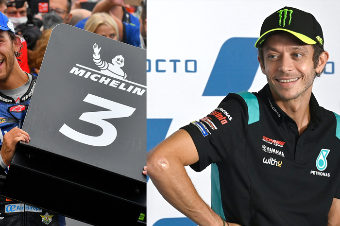 Valentino Rossi (kanan) kasih julukan Enea Bastianini (kanan) dengan El Diablo alias setelah finis podium 3 di MotoGP San Marino 2021, (19/9/2021)