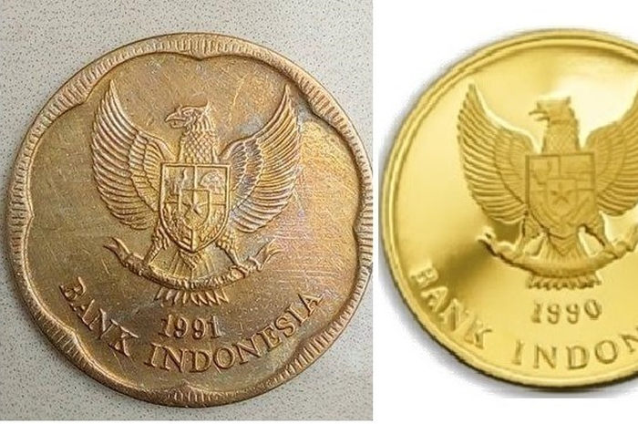 Kiri uang koin biasa terbuat dari aluminium kuning dan kanan uang koin dari emas
